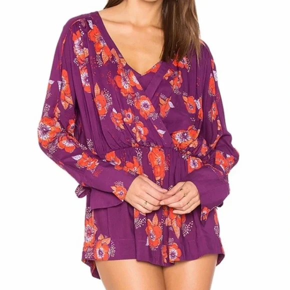 Free People Tropical Floral Print Faux Wrap Tie Sleeve Purple Peplum Blouse - Picture 1 of 15